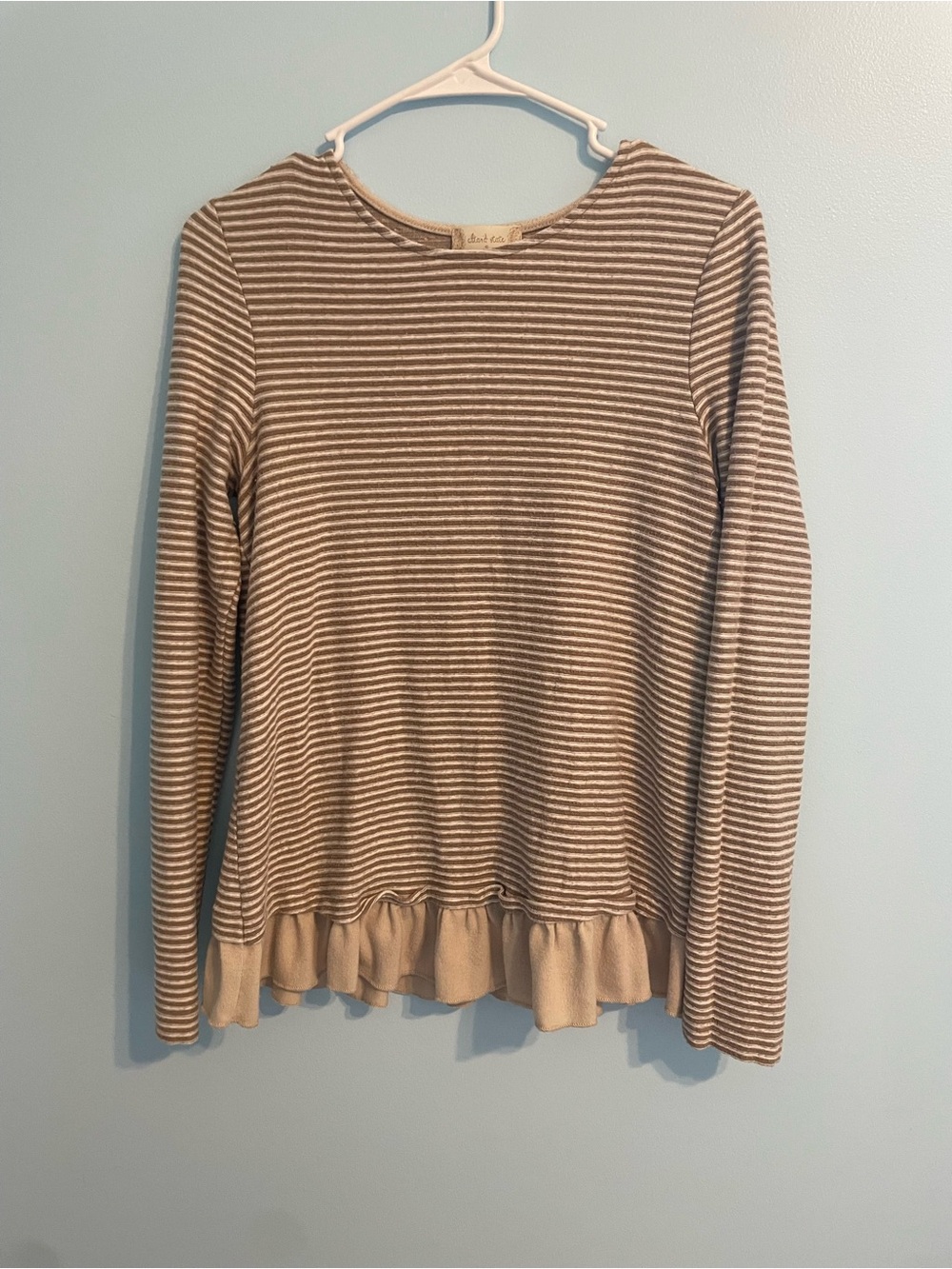 Altar'd State Beige and White Striped Ruffle-Hem Long Sleeve Top